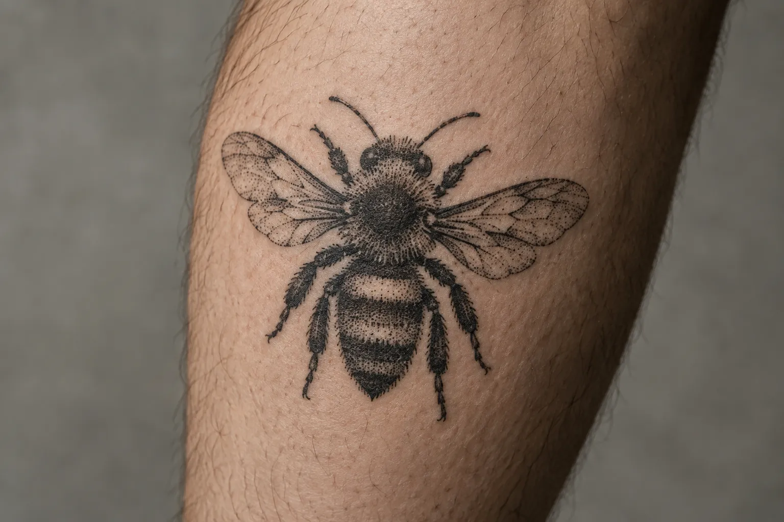 A dotwork bee tattoo with stippled wings and a fuzzy thorax sits on a person's shin.
