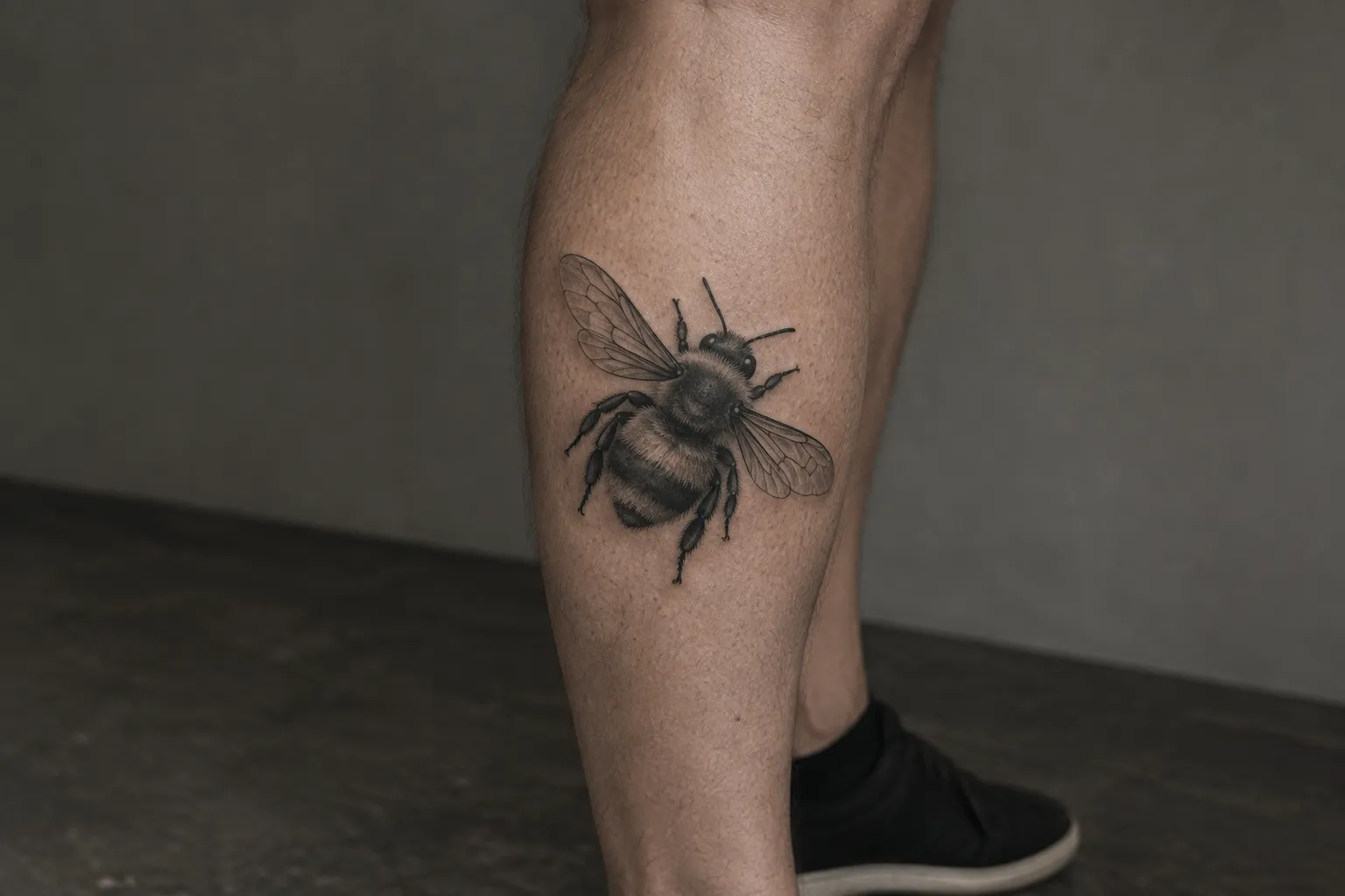 A detailed bee tattoo covers the calf of a standing person.