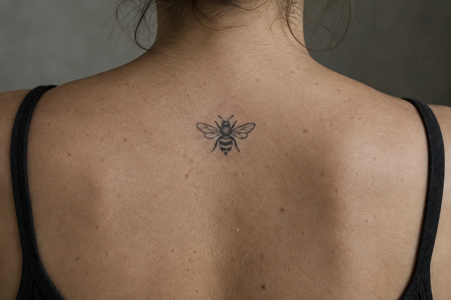 A person displays a small bee tattoo centered on their upper back.