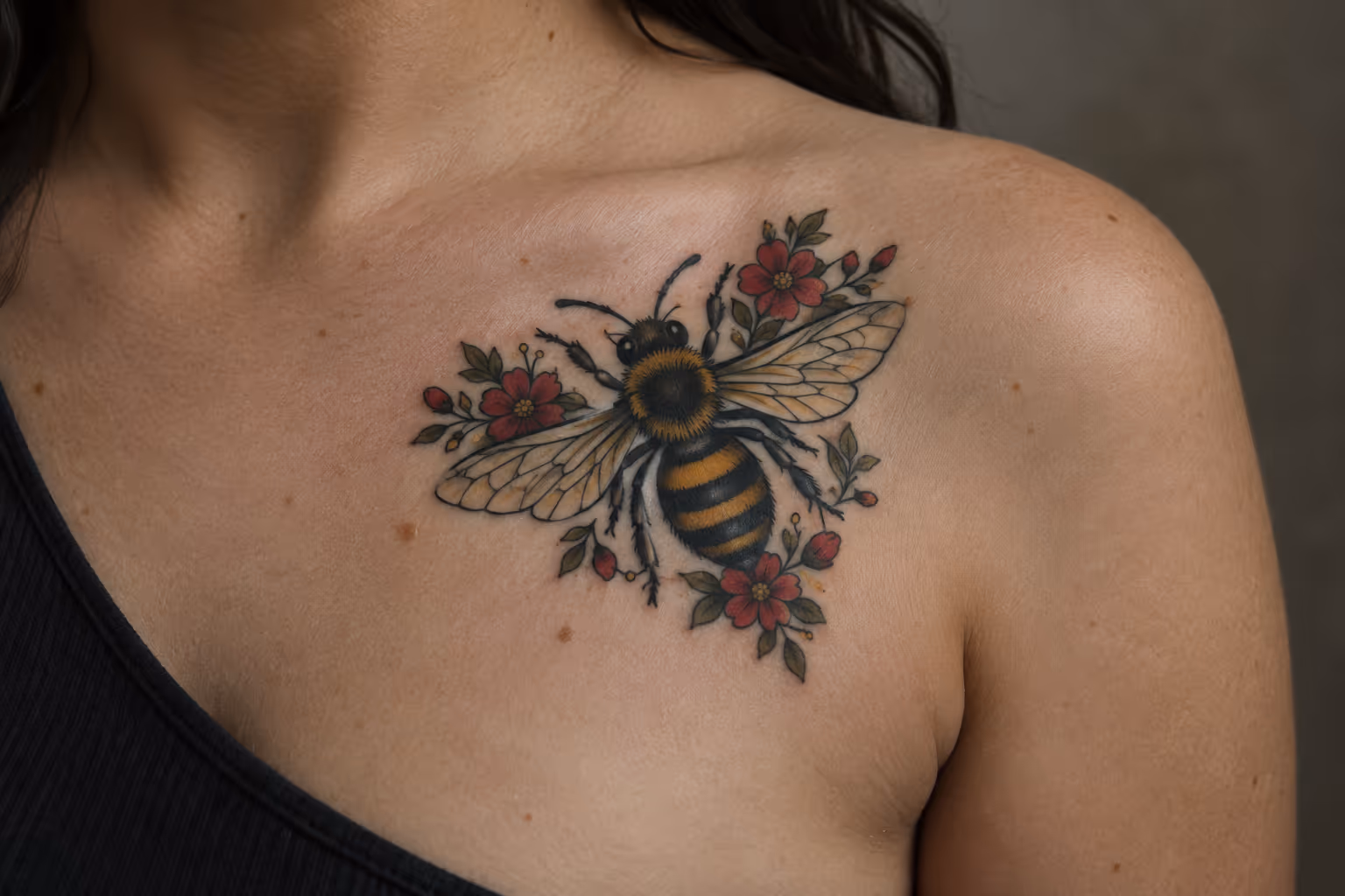A person has a bee and flower tattoo across the upper chest and shoulder.