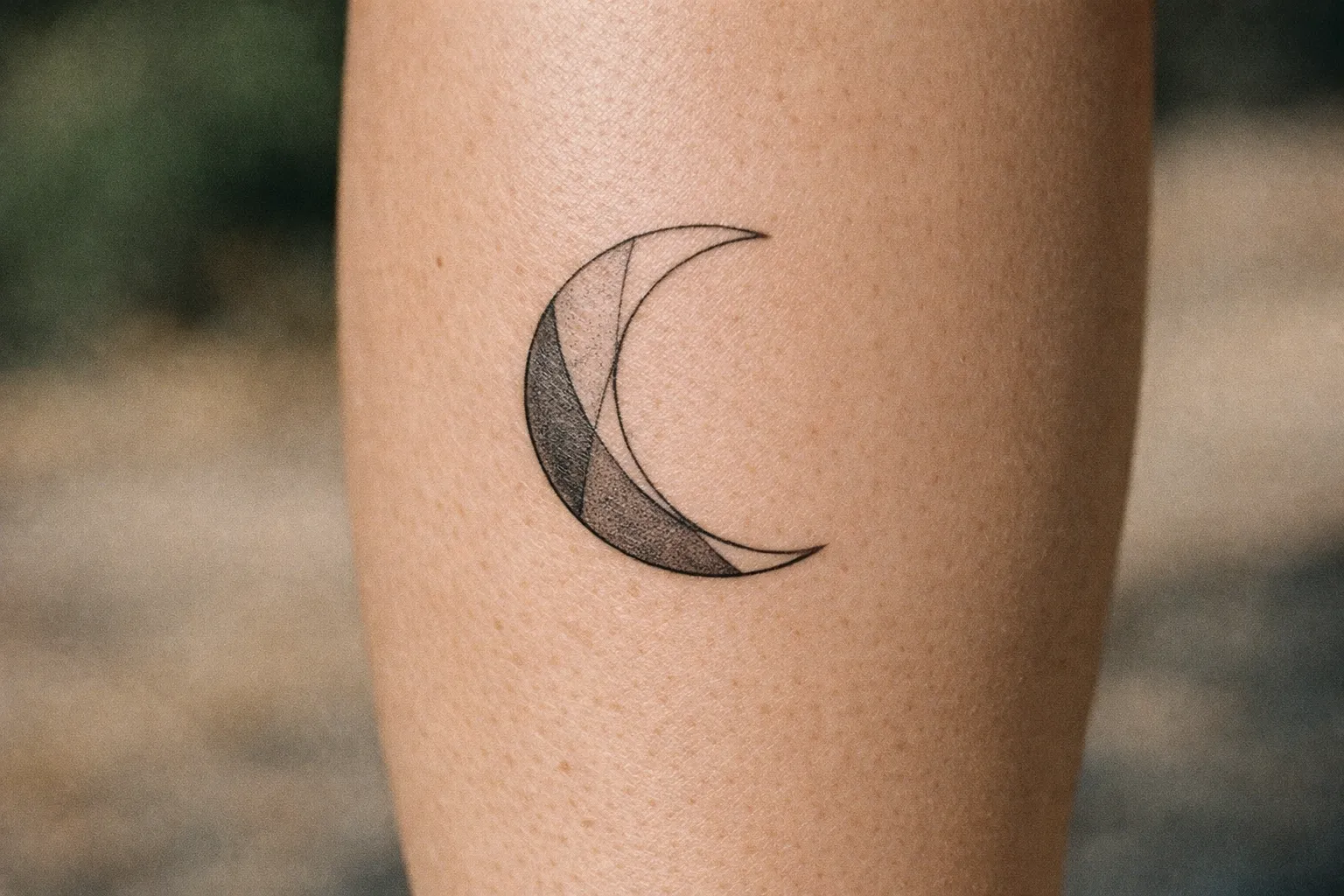 Calf close-up with a healed fine-line crescent tattoo