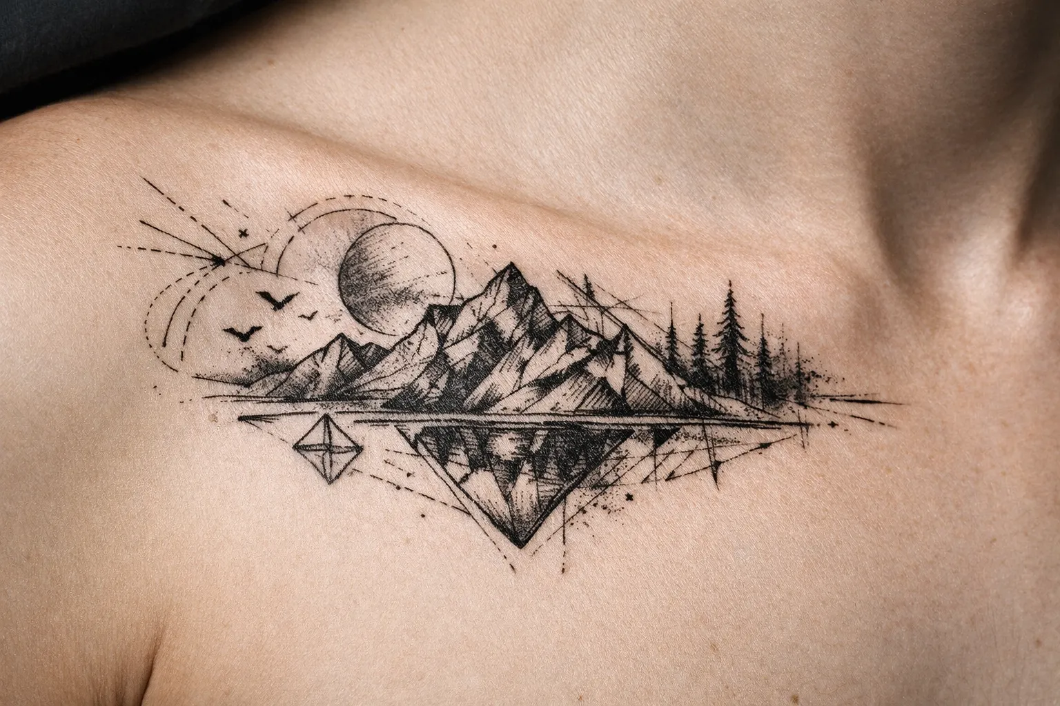 A geometric mountain landscape tattoo spans an upper chest near the collarbone.