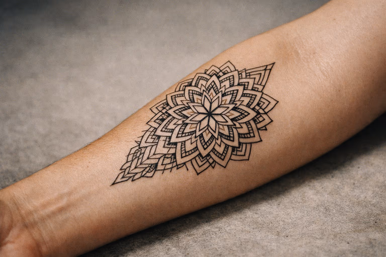 Editorial close-up of a forearm with a single healed tattoo in black linework