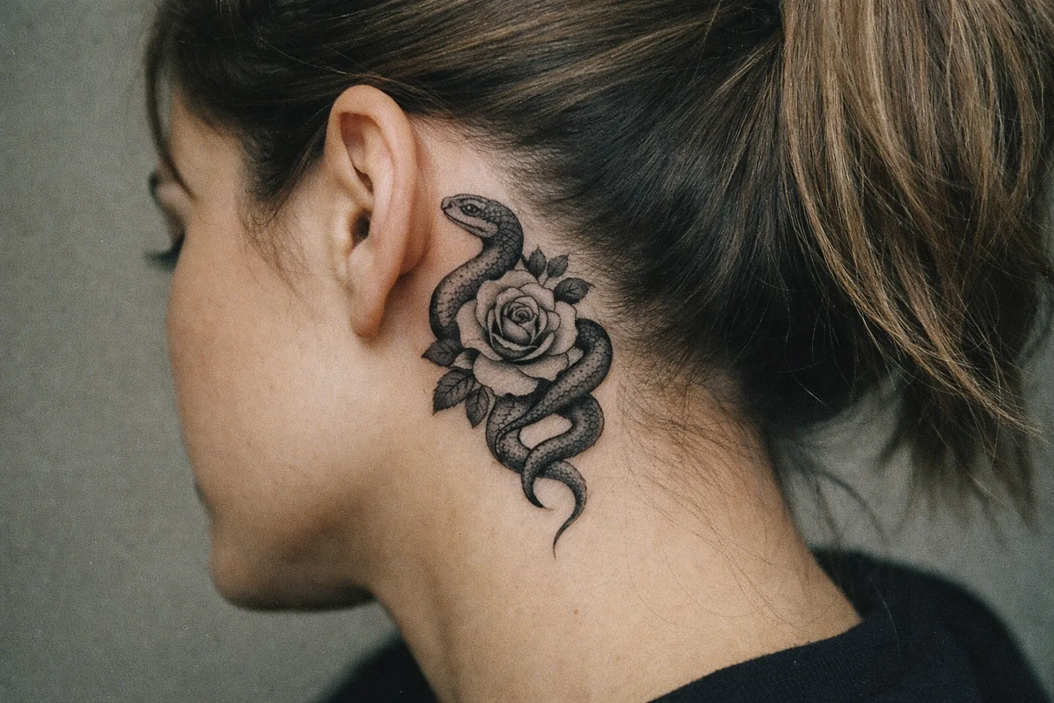 A woman with a snake and rose tattoo behind her ear.