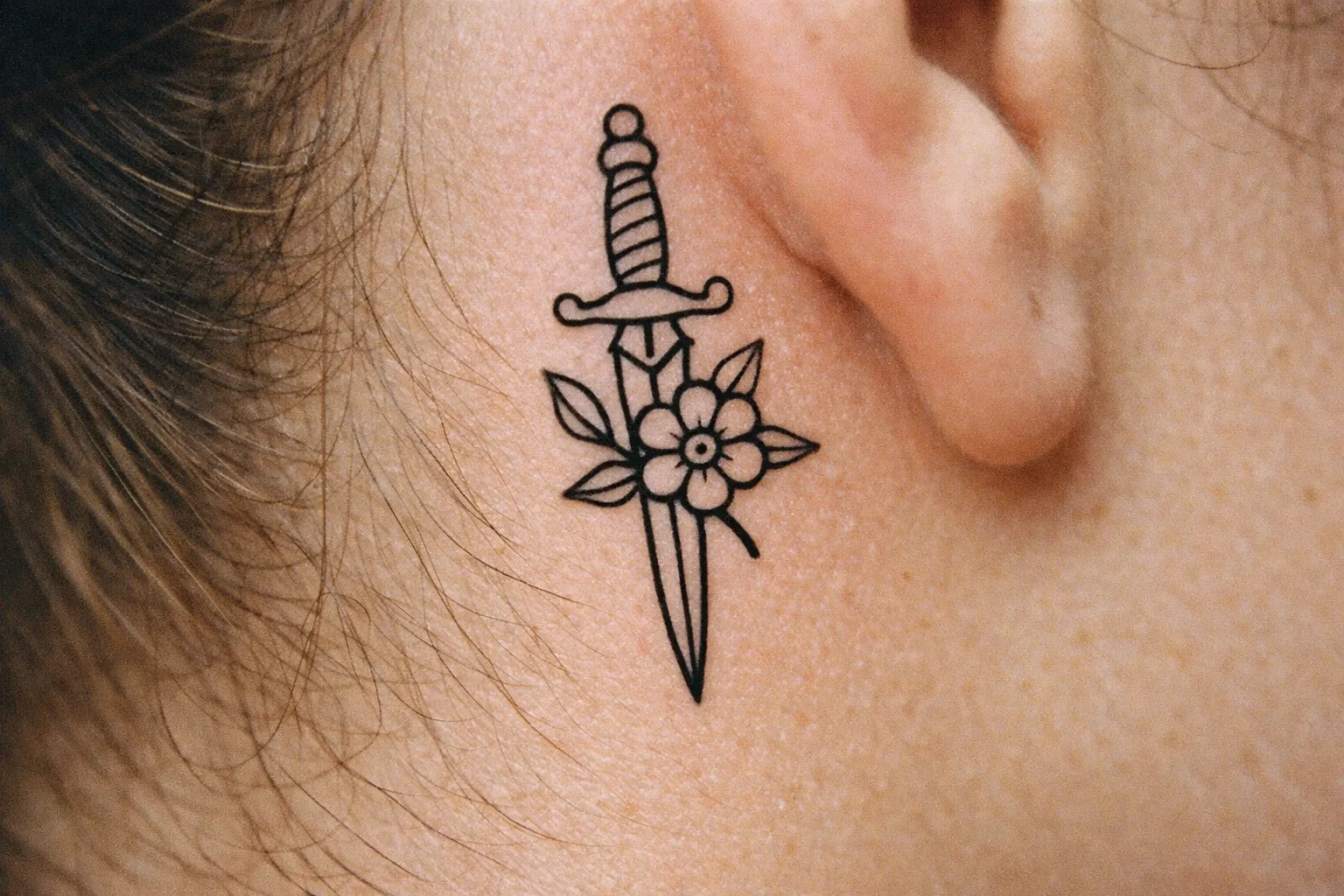 A small dagger and flower tattoo is inked behind a person's ear.