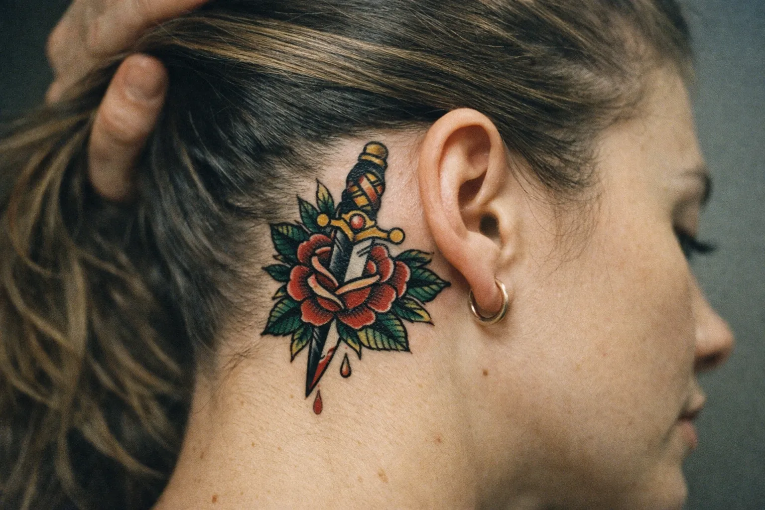 A person with a colorful dagger and rose tattoo behind their ear.