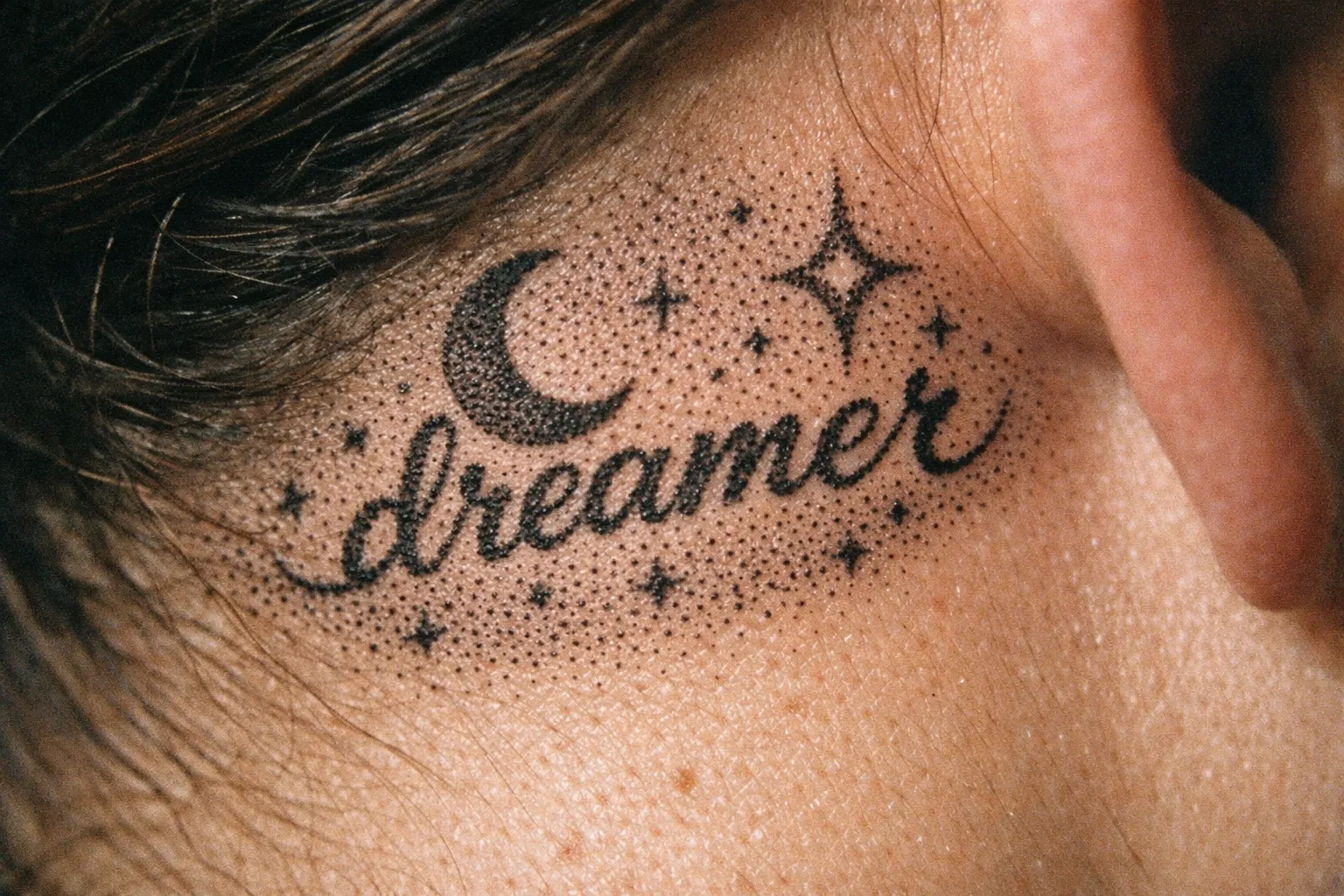 A tattoo reading 'dreamer' with stars and a crescent moon behind a person's ear.