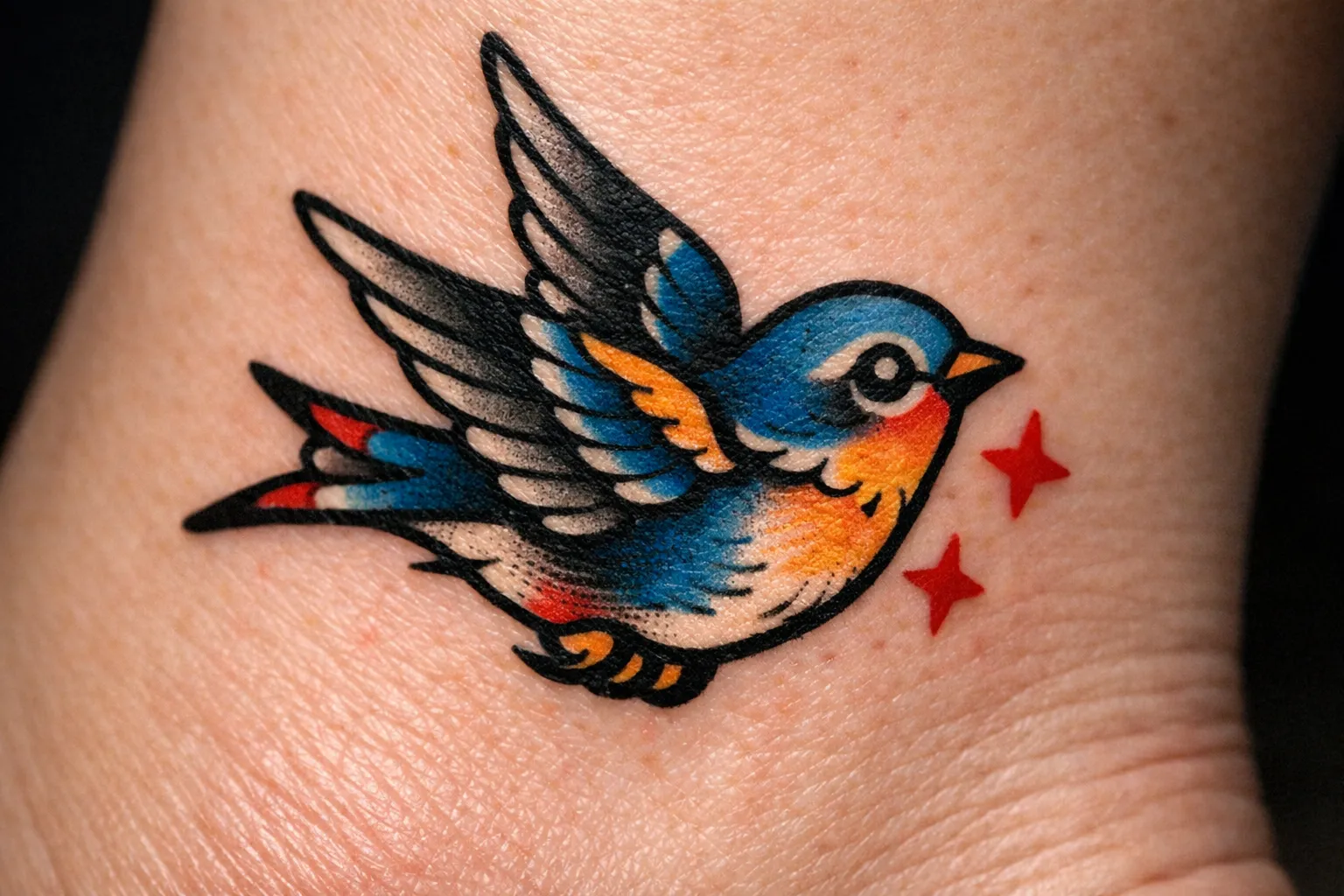 A colorful bird tattoo with two red stars on a person's skin.