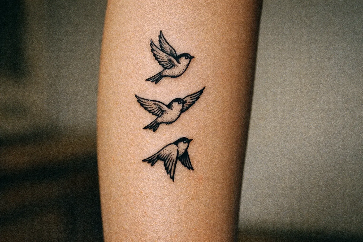 Forearm tattoo with three small birds in flight arranged vertically