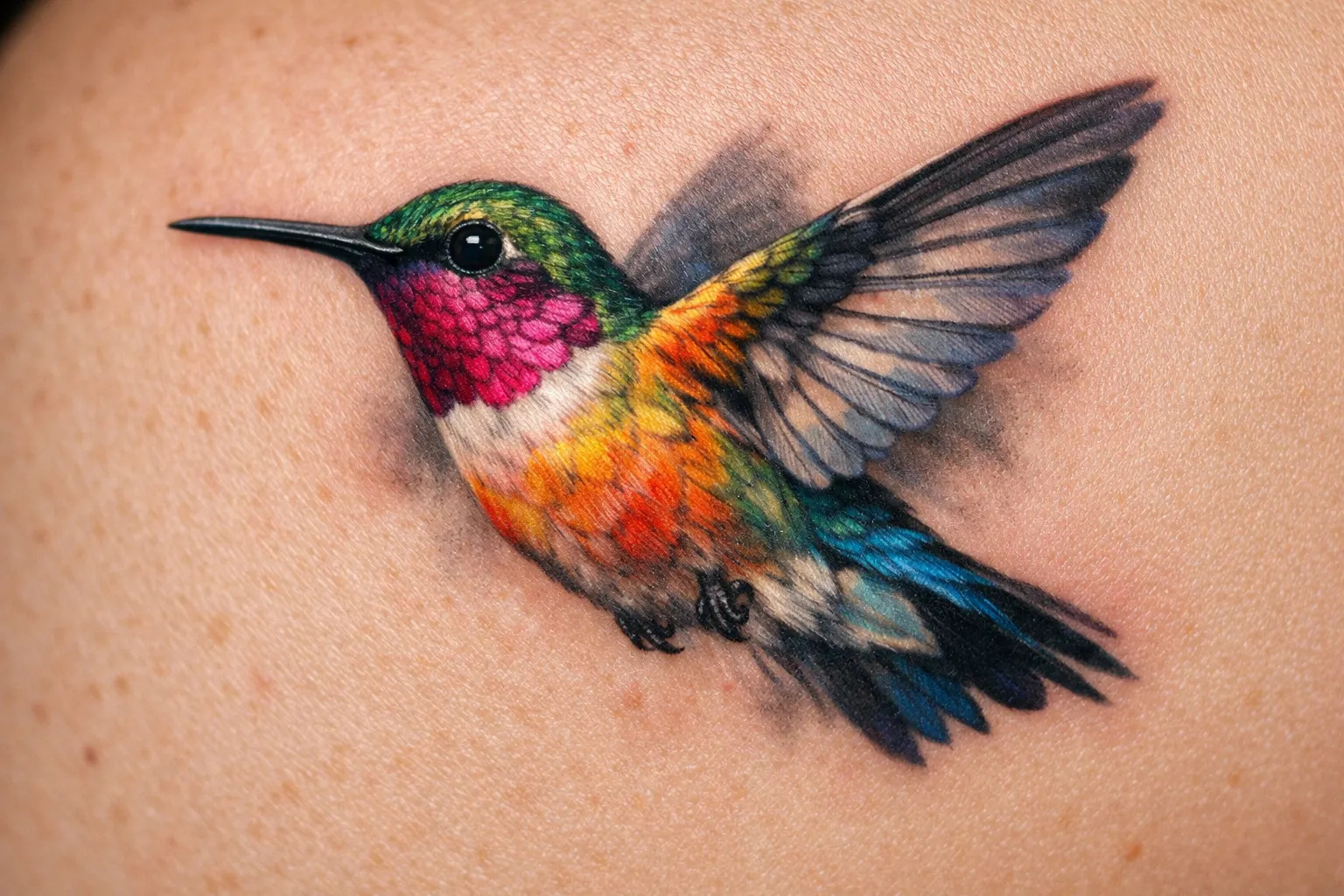 A colorful hummingbird tattoo on a person's skin.