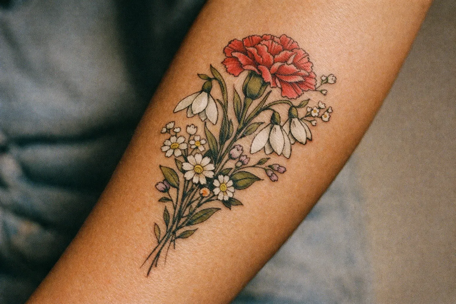 Forearm tattoo arranged as a single bouquet representing birth flowers concepts