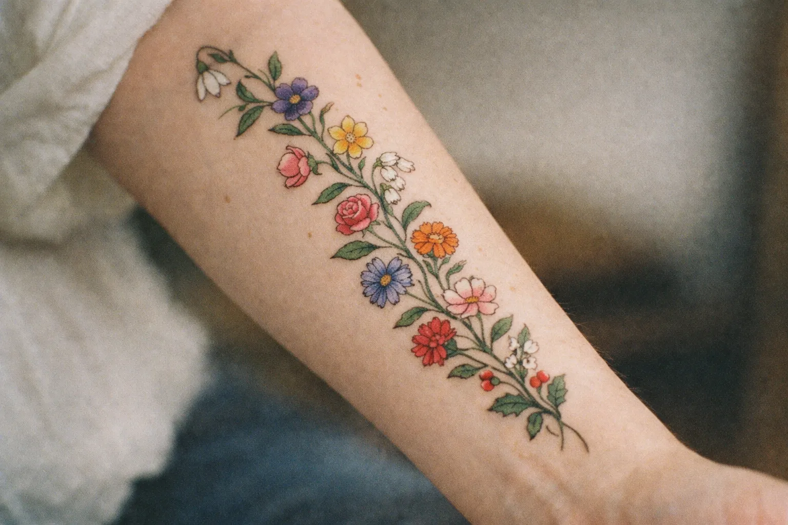 Forearm tattoo with a continuous vine of twelve blossoms along the arm