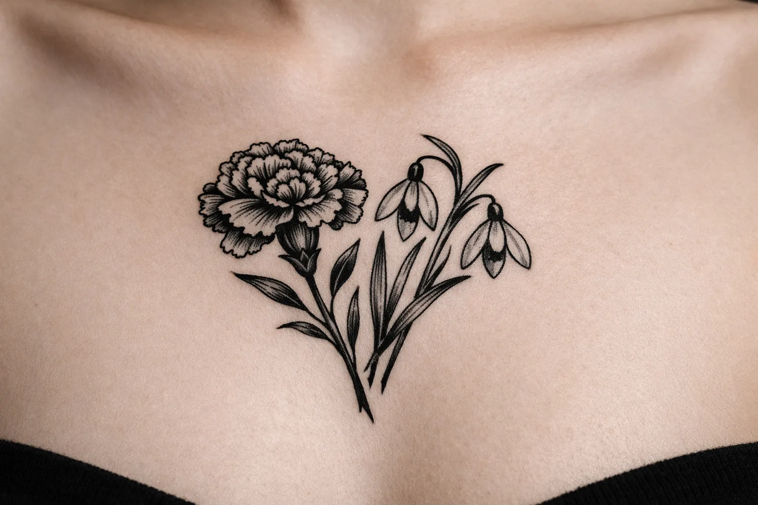 A black floral tattoo featuring a carnation and two snowdrops on a person's upper chest.