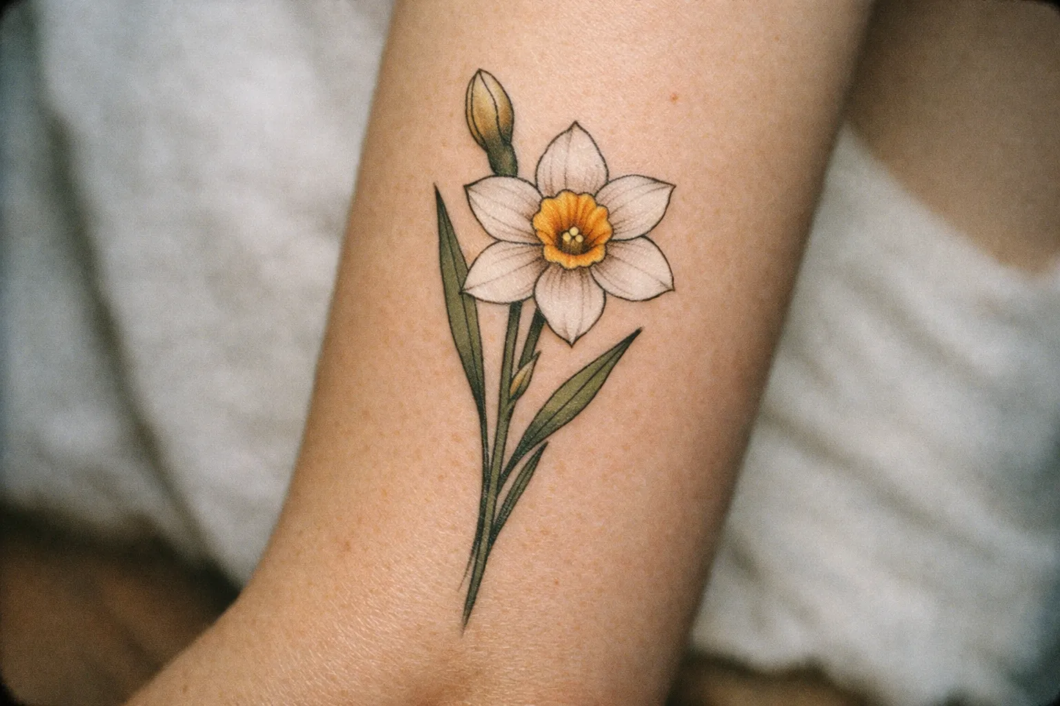 Forearm tattoo inspired by narcissus with a single stem and bloom