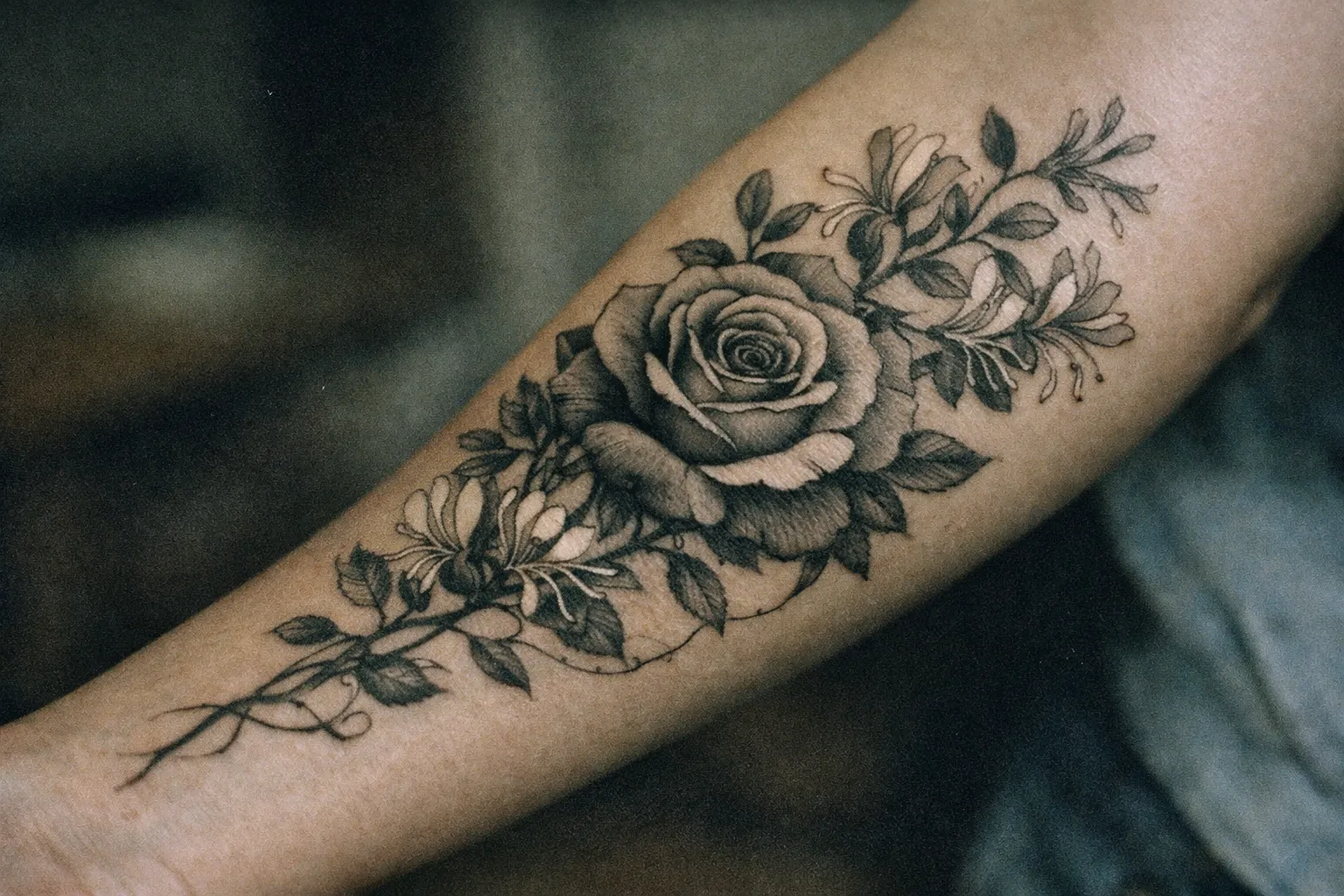 Forearm tattoo of a rose entwined with honeysuckle