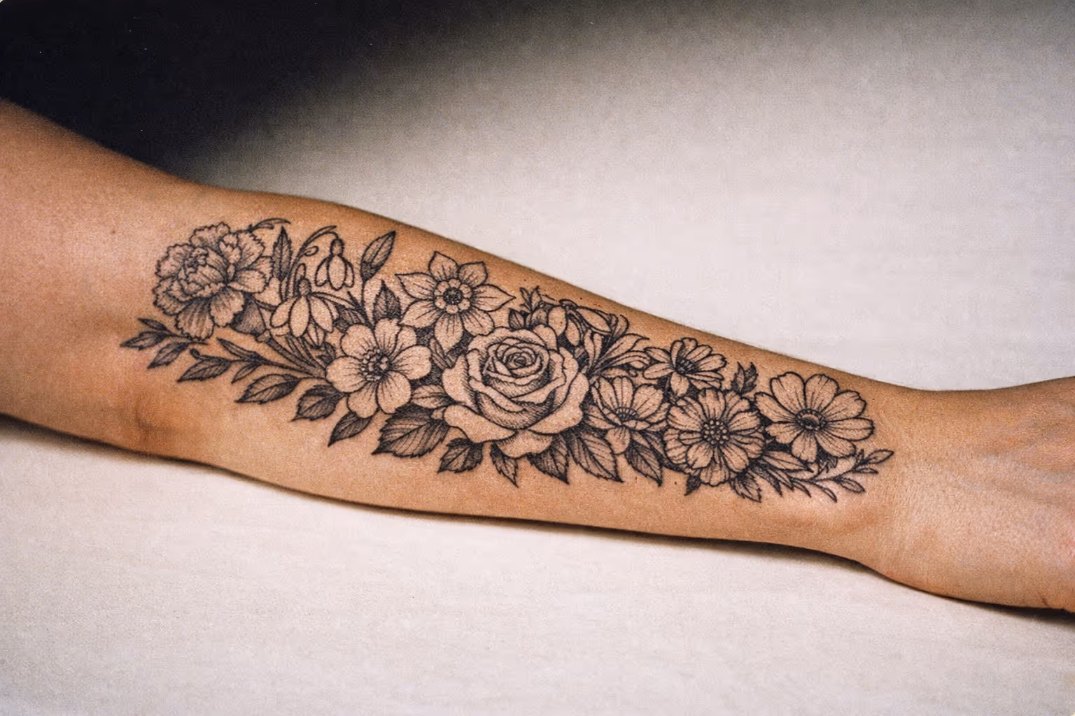 Editorial close-up of a forearm birth flowers tattoo spanning multiple blooms for a feature image