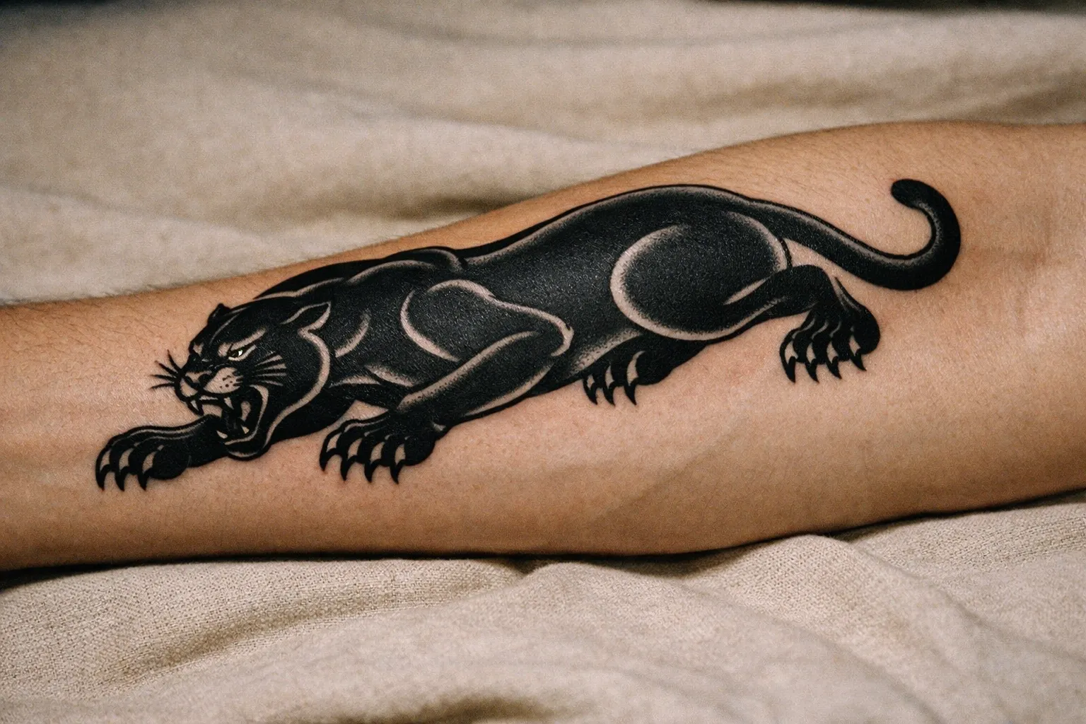 Forearm shot of a crawling Black Panther tattoo with bold lines on healed skin