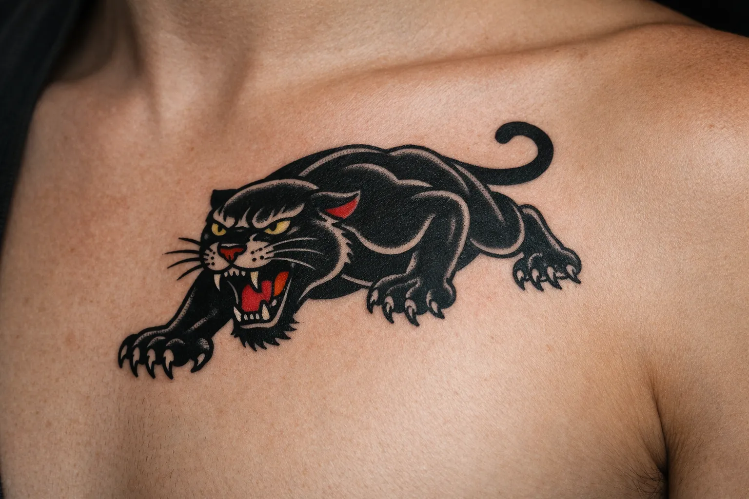 A black panther tattoo is displayed on a person's upper chest near the collarbone.