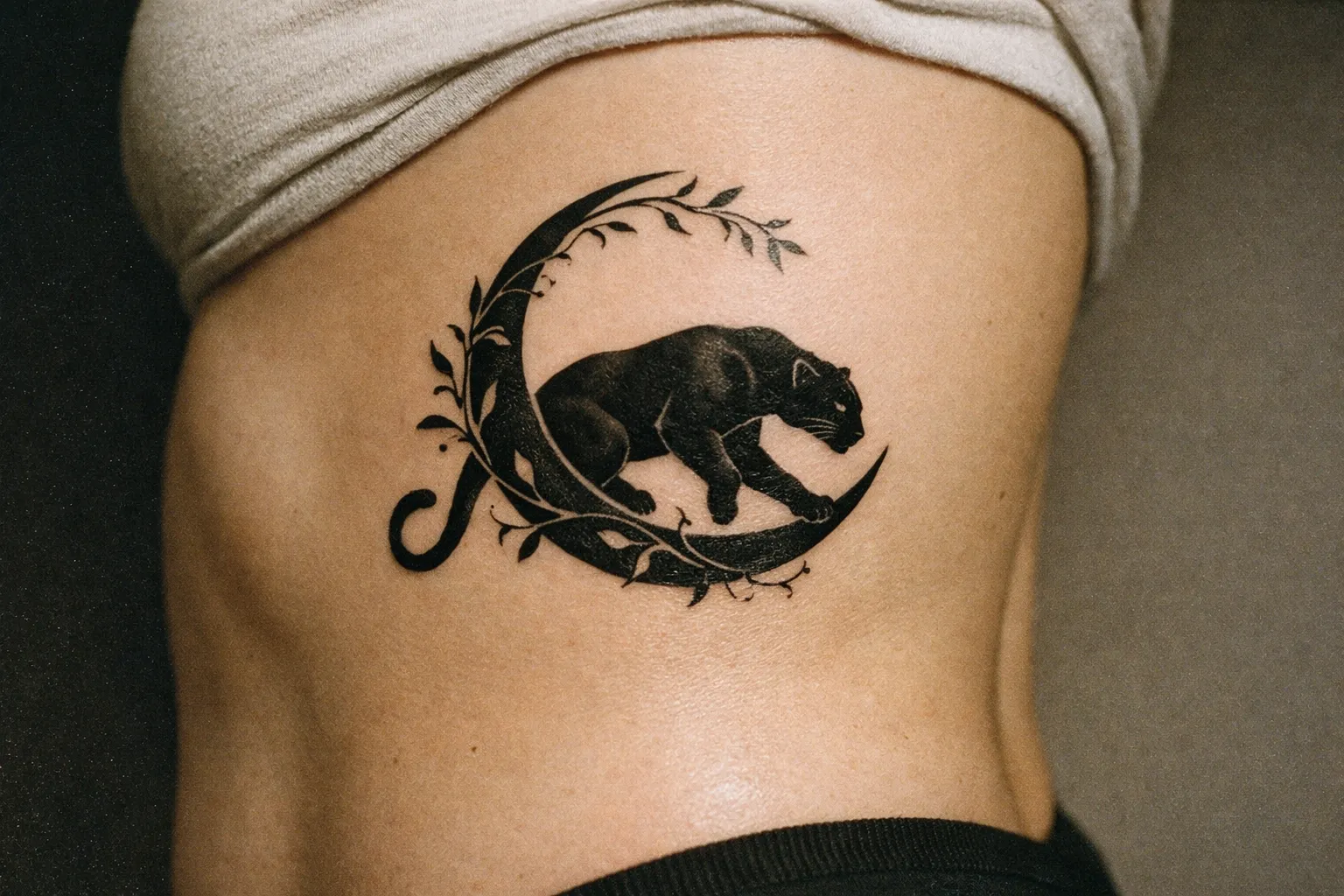 Ribcage tattoo of a Black Panther intertwined with a crescent moon and vines