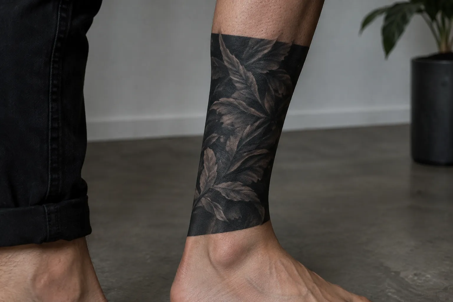 A lower leg with a dark botanical blackout tattoo rests beside a black trouser leg indoors.