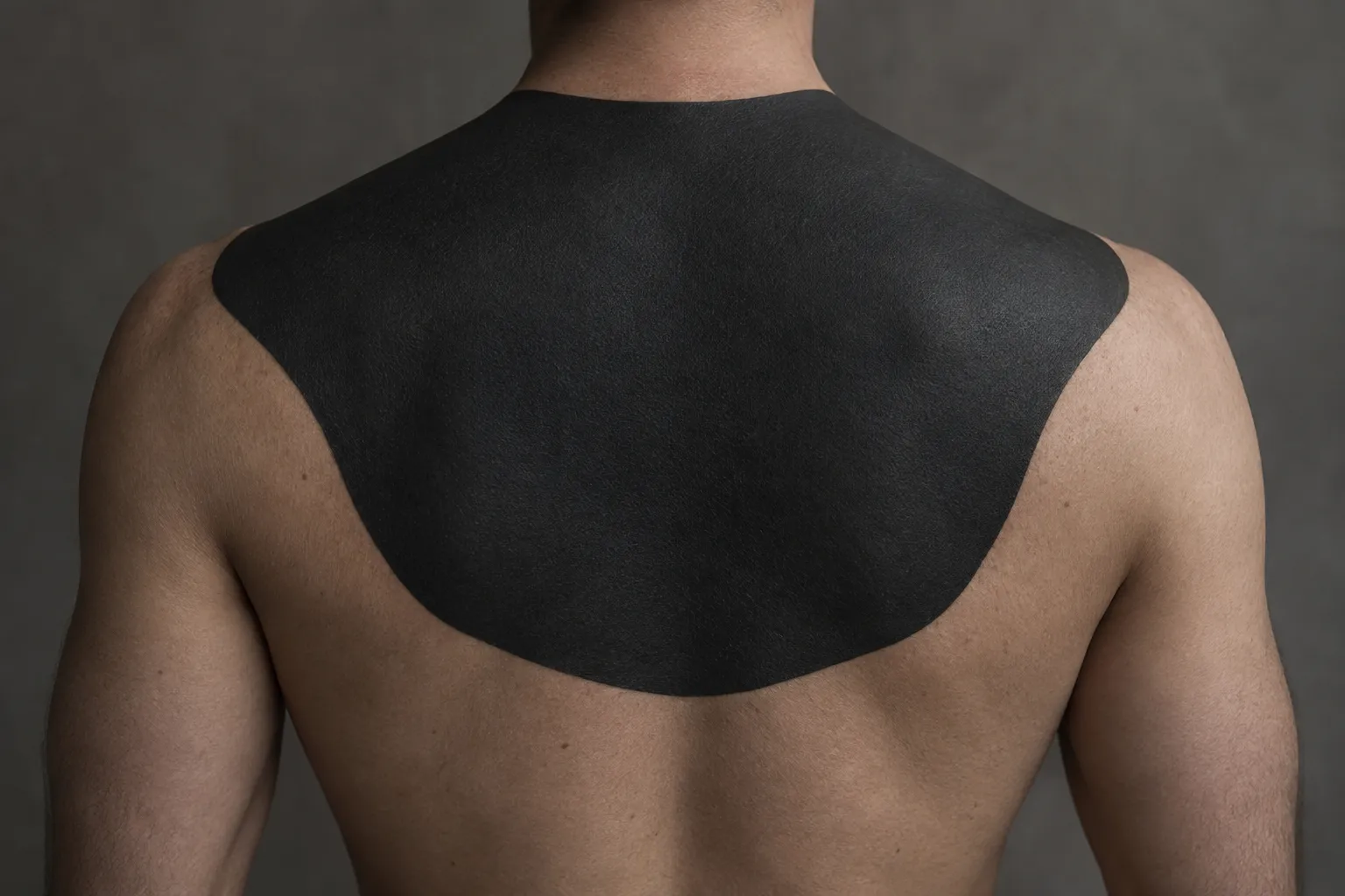 A person with a broad blackout tattoo covering the upper back and shoulders against a gray background.