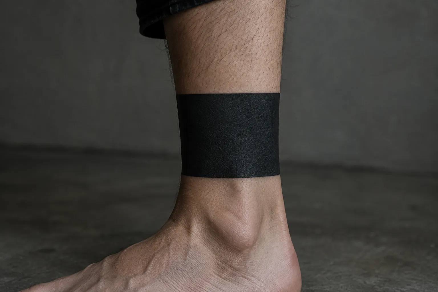 A person's ankle and foot show a solid black band tattoo indoors.