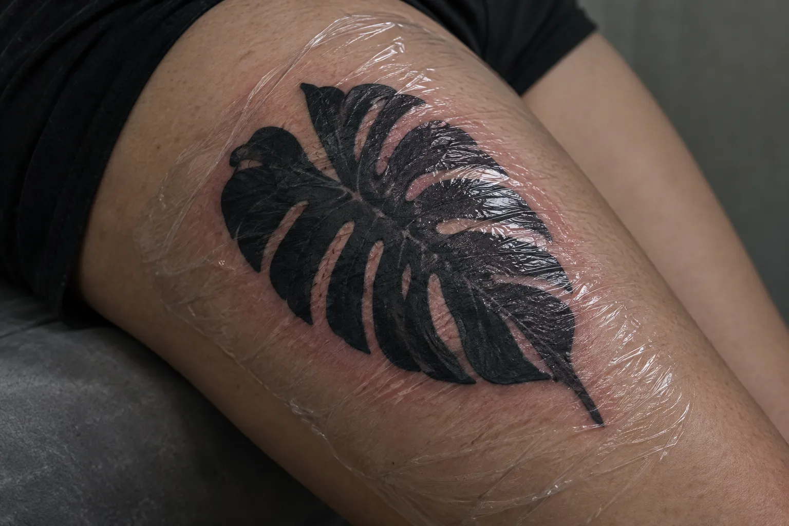 A freshly tattooed black leaf design is covered with protective film on a person's thigh.