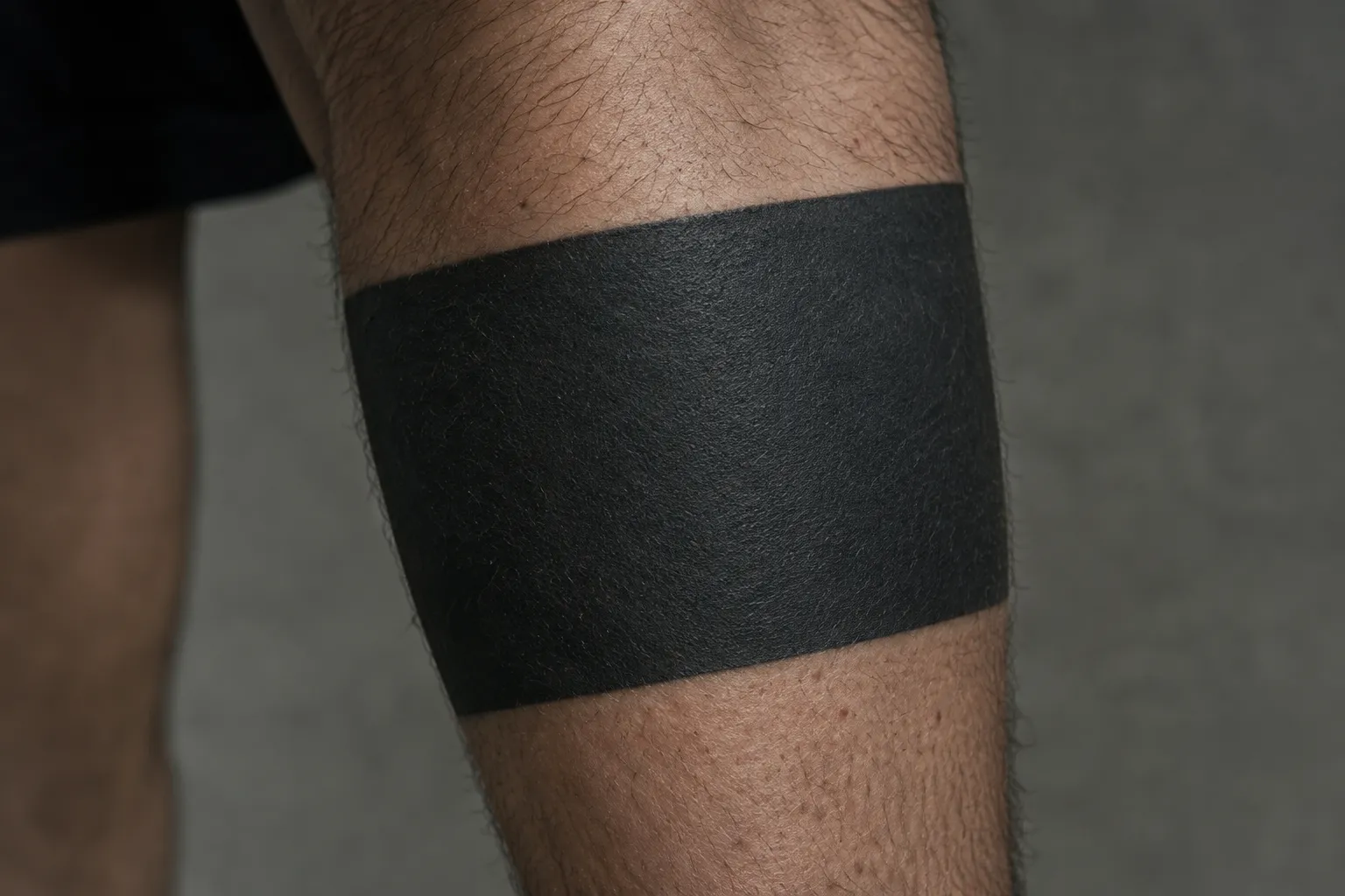 A close-up of a person's leg with a broad black band tattoo against a plain gray background.