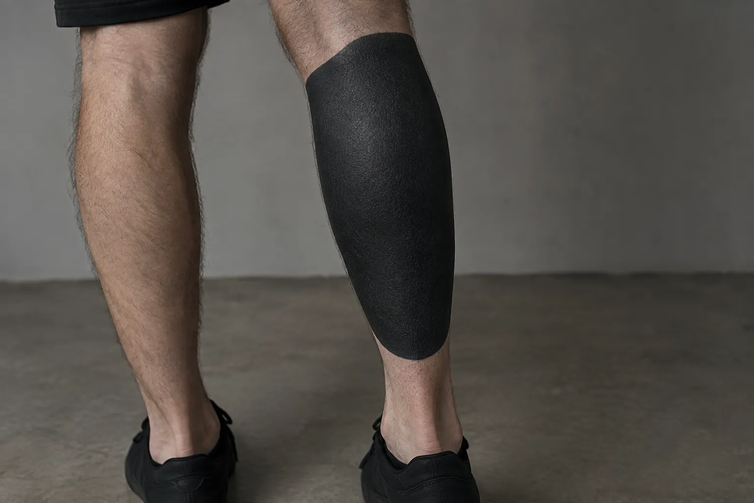A person stands indoors with a solid black blackout tattoo covering one calf.