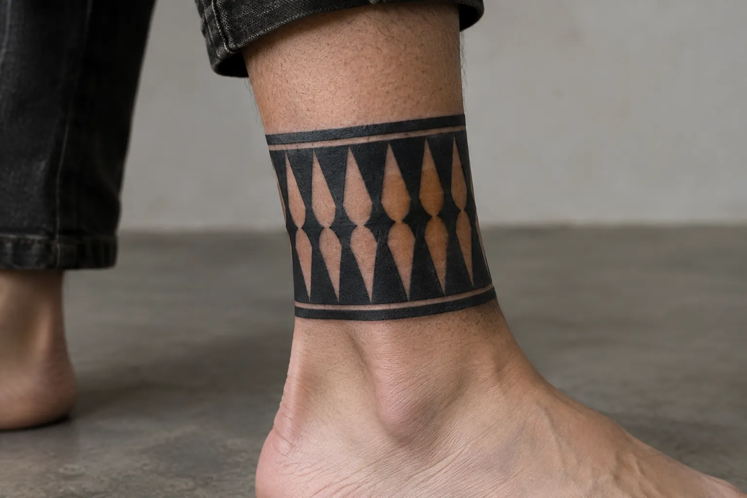 A person stands indoors with a geometric blackwork tattoo around their ankle.