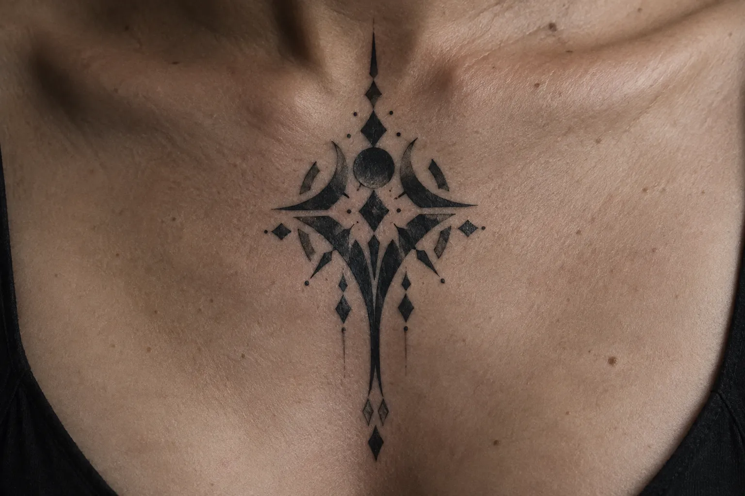 A geometric blackwork tattoo runs down the center of a person's chest.