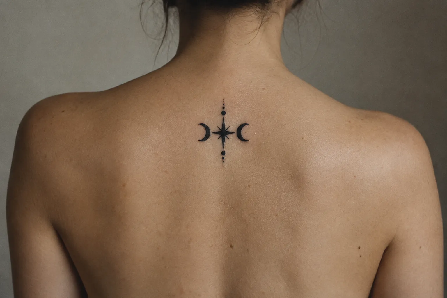 A small black star and crescent-moon tattoo centered on a woman's upper back, between the shoulder blades.