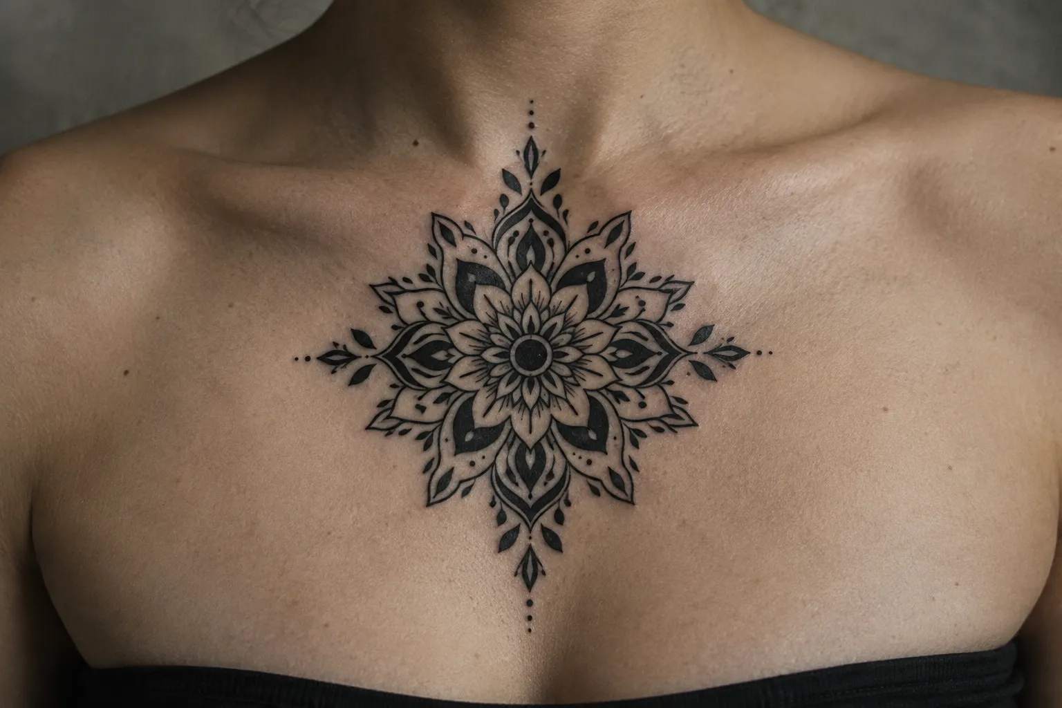 A person's chest bears a symmetrical blackwork mandala tattoo.
