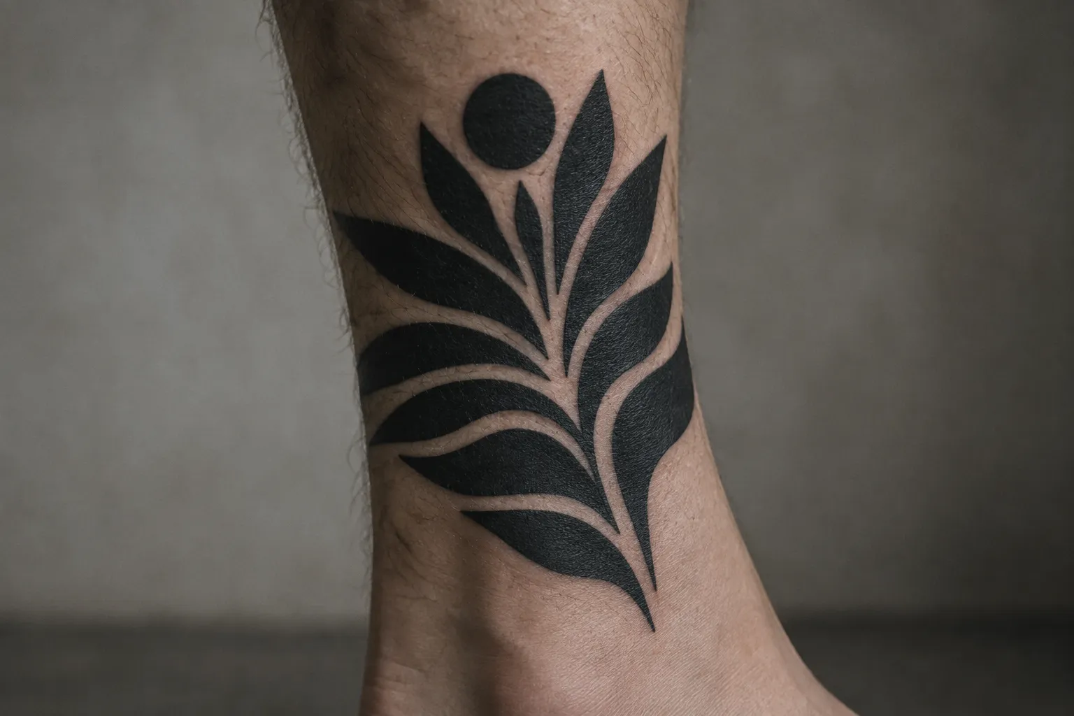 A solid black leaf tattoo on a lower leg, with bare-skin channels separating each leaf.