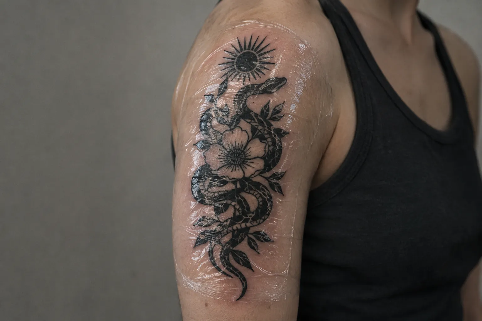 A person's upper arm has a fresh blackwork tattoo beneath clear protective film.