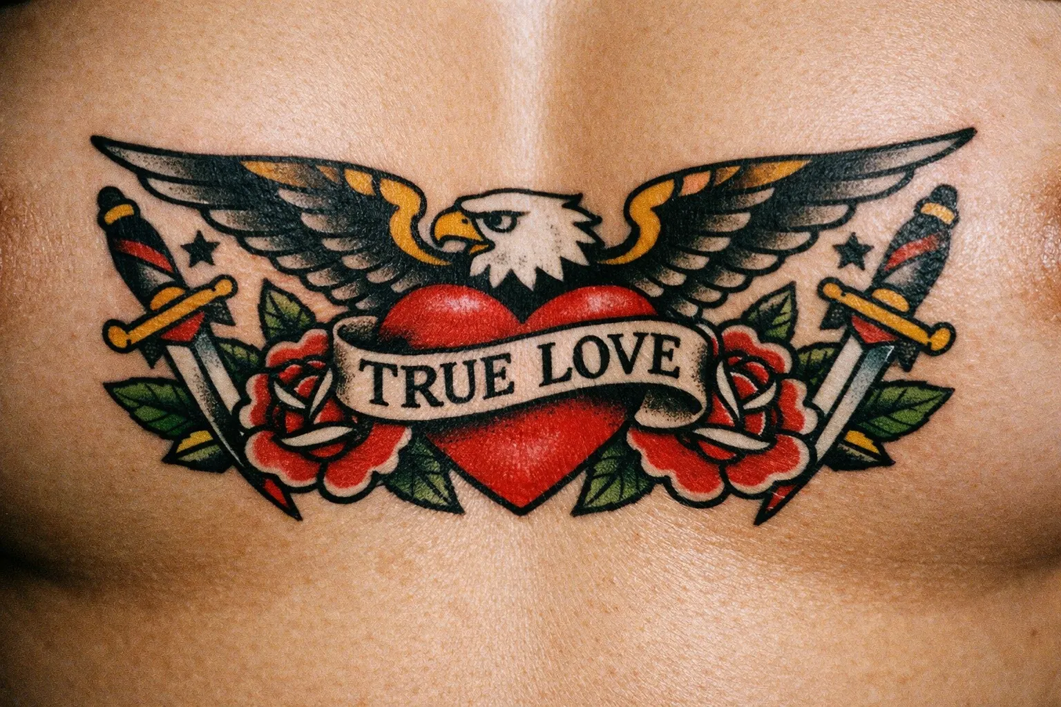 A tattoo of an eagle, heart, and banner reading 'TRUE LOVE' across a person's upper chest.
