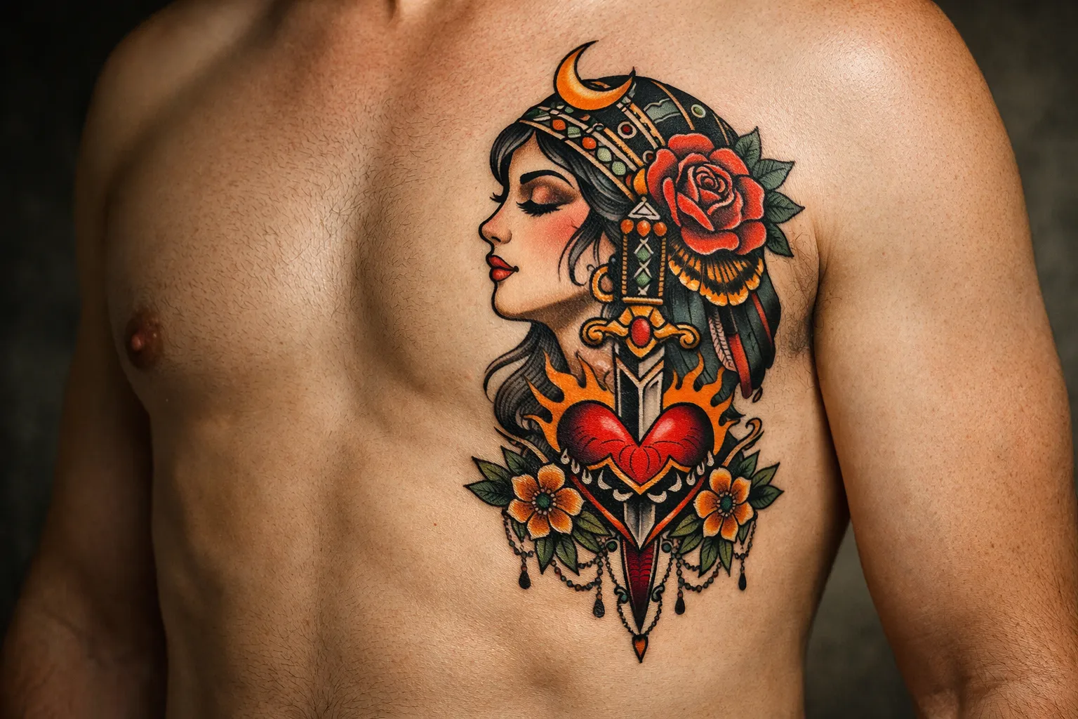 A person with a large colorful tattoo of a woman's face and heart on their upper chest.