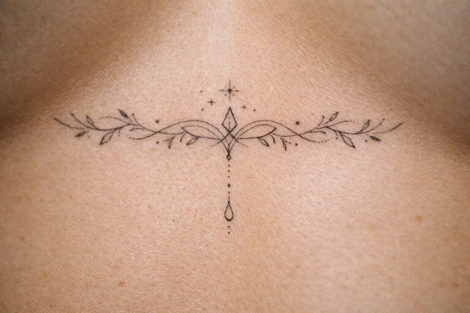 A delicate linework tattoo with leaves and a gem design is centered on the upper chest below the collarbone.