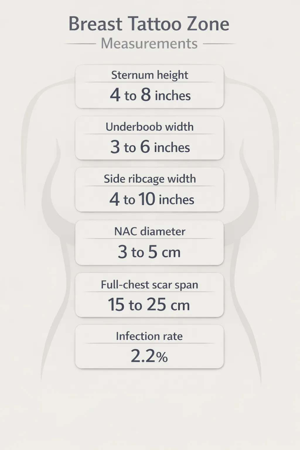 Infographic showing six data points for breast tattoo placements: Sternum height 4 to 8 inches, Underboob width 3 to 6