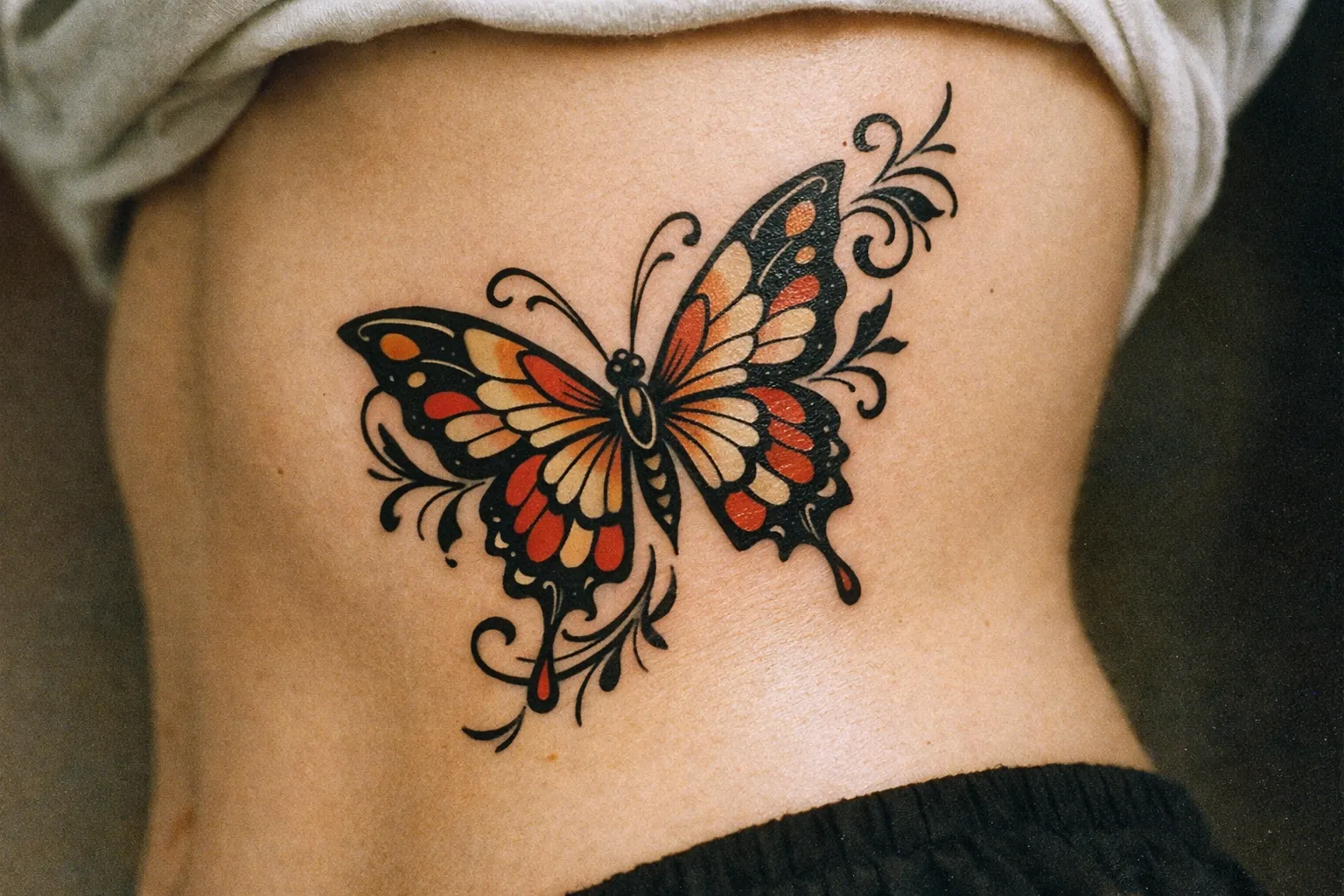 A large butterfly tattoo is inked on the side of a person's torso.