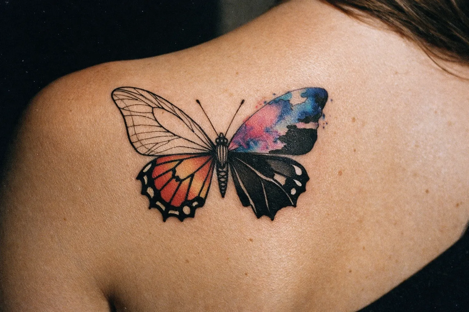A colorful butterfly tattoo is inked on a person's upper back near the shoulder blade.