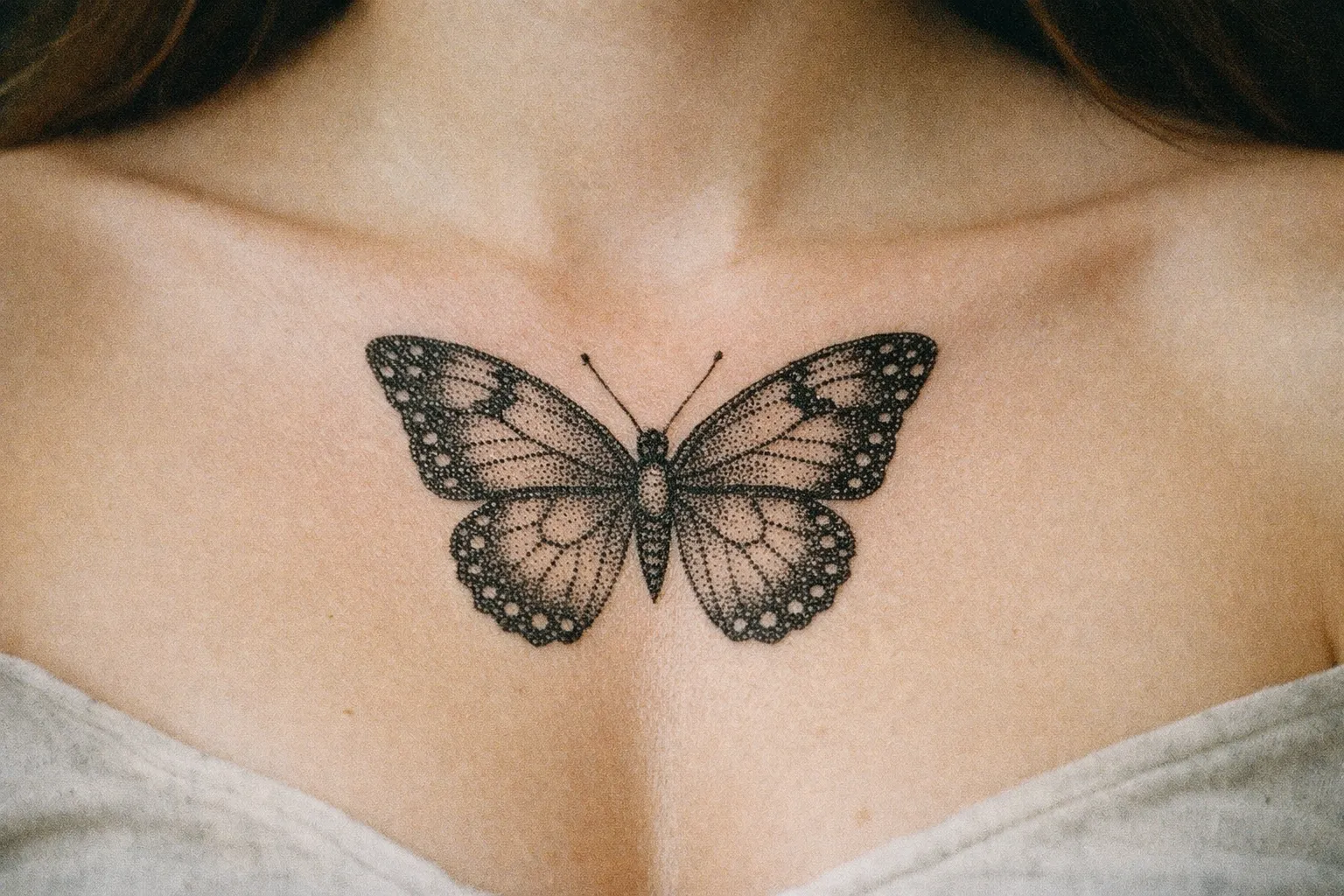 A person with a large black butterfly tattoo on their upper chest.