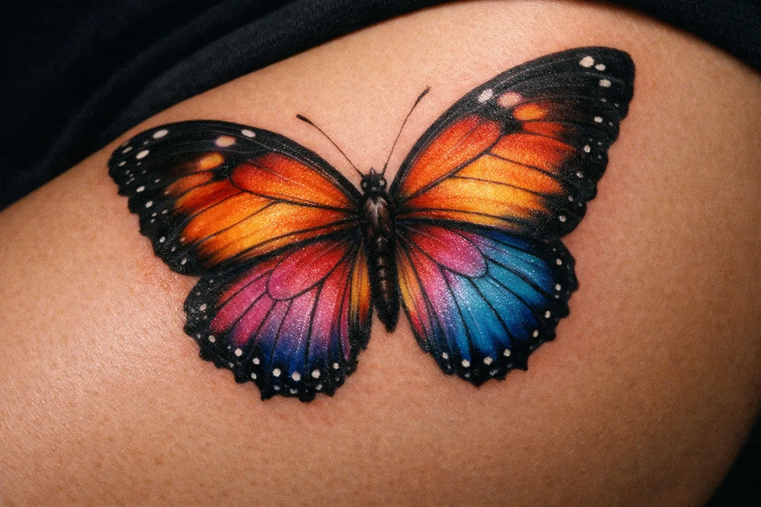 A colorful butterfly tattoo on a person's upper thigh.