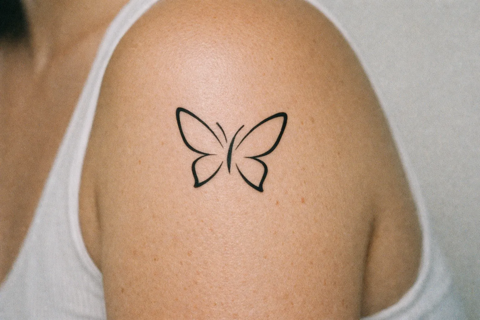 A simple butterfly outline tattoo on a person's upper arm.