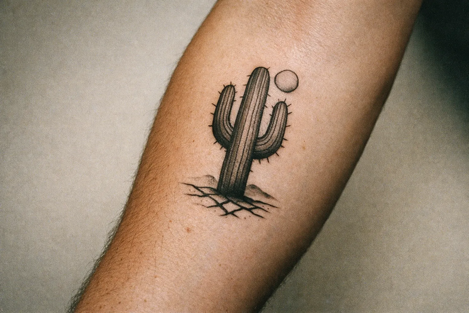 Close-up forearm cactus tattoo with symbolic meaning in soft light