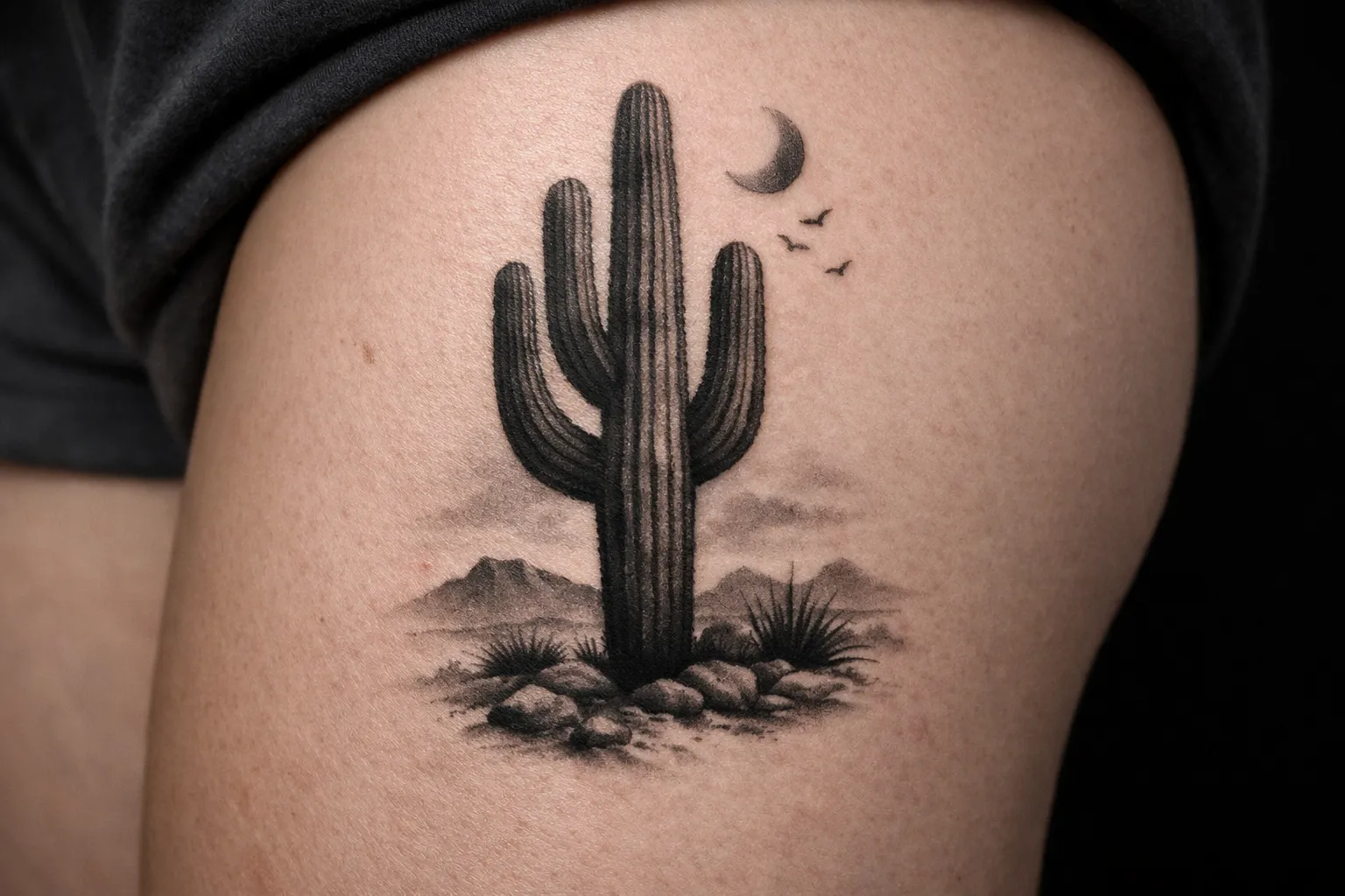 A cactus tattoo with a desert landscape, crescent moon, and birds on a person's upper arm.