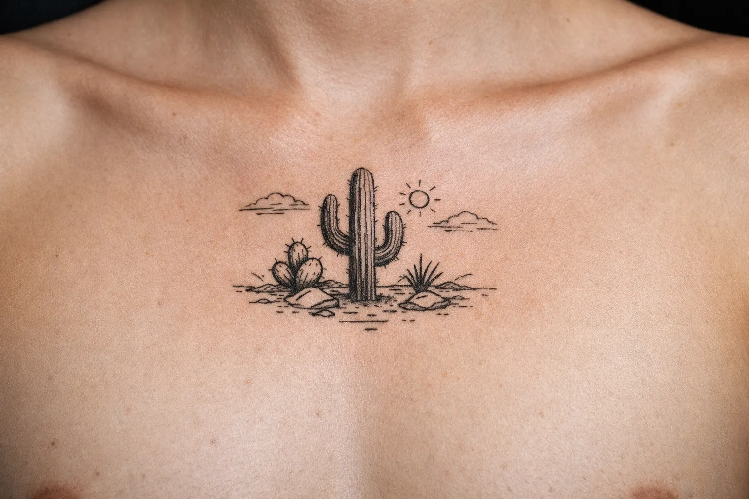A cactus tattoo is centered on a person's upper chest below the collarbone.