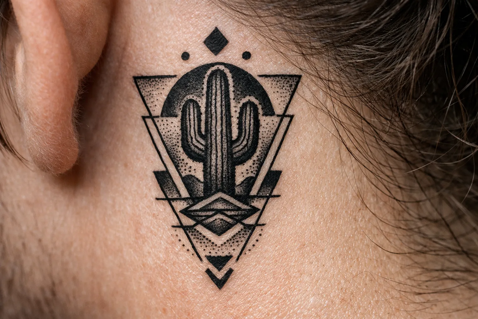 A geometric cactus tattoo is inked behind a person's ear.