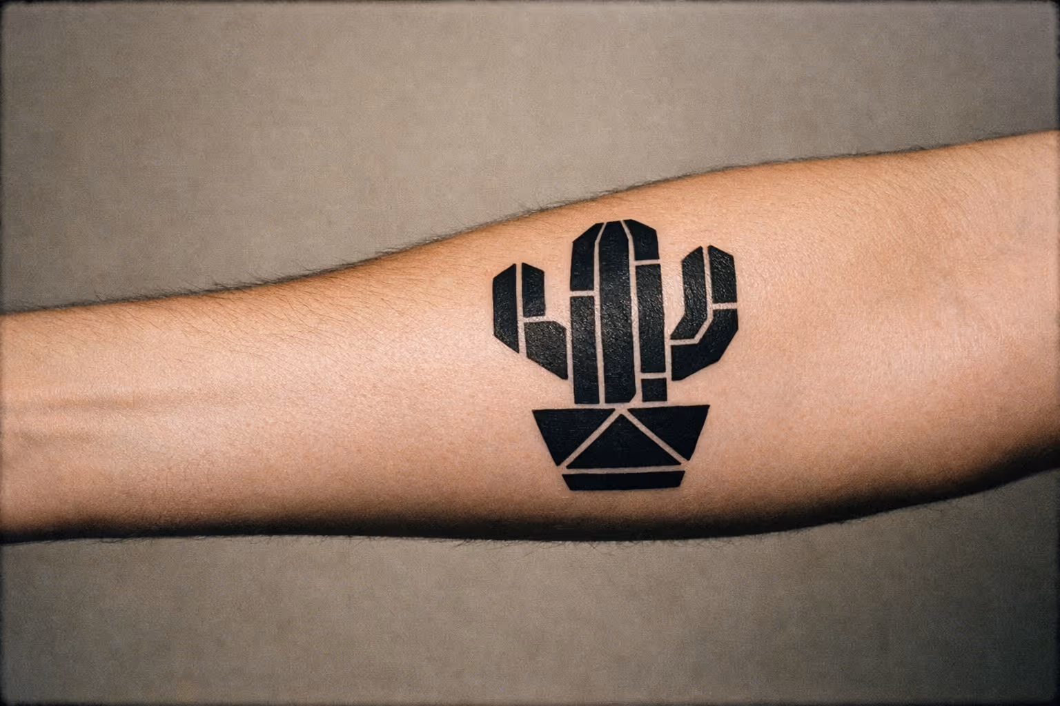 Editorial close-up of a cactus tattoo on forearm in blackwork