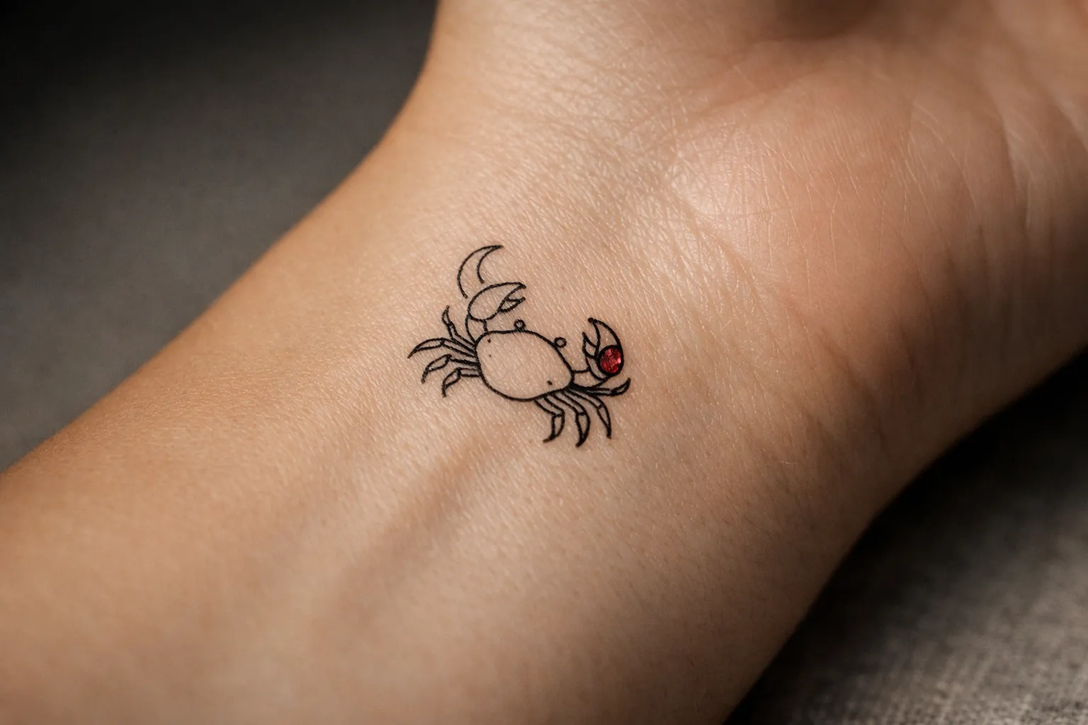 A small crab tattoo is inked on the inner wrist of a person's arm.